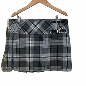 The Kilt Women’s Tartan Plaid Gray Black Leather Buckles Kilted Mini Skirt 36